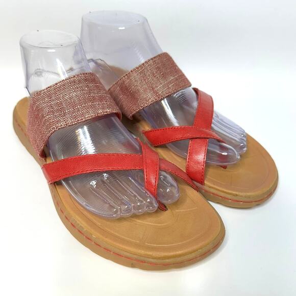 BOC Born Concept Toe Wrap Thong Slide Sandals Faux Leather Fabric Red Tan Sz 10 - Picture 1 of 7